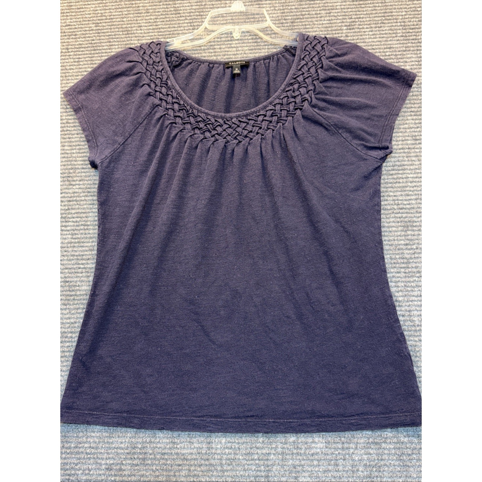 Talbots Women Crochet Short Sleeve Crew Neck Pleated Blouse Navy Bluesize Medium